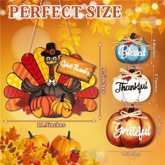 Thanksgiving Decoration Wood Pumpkin Turkey Door Wall Wreath for Front Door - Picture 3 of 8